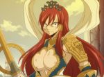 1girl angry armor breasts brown_eyes cleavage erza_scarlet fairy_tail female hair_over_one_eye highres large_breasts long_hair redhead screencap solo stitched 