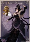  1girl belt black_hair braid breasts cleavage dress final_fantasy final_fantasy_x fur_trim hair_over_one_eye lowenael lulu_(final_fantasy) moogle multiple_braids solo steampunk top_hat 