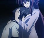  1boy 1girl between_breasts breast_smother breasts closed_eyes high_school_dxd hyoudou_issei large_breasts long_hair night rias_gremory screencap stitched 