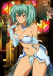  00s 1girl bare_shoulders blush breasts cleavage female green_eyes green_hair ikkitousen large_breasts navel official_art ryofu_housen solo standing twintails 