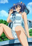  00s 1girl bashoku_youjou blue_hair female food hair_ornament ice_cream ikkitousen lowres short_twintails sky smile solo tongue twintails water 