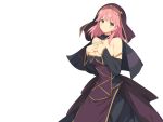  1girl bare_shoulders blush breasts cape cleavage dress evenicle female game_cg hands_on_breasts hands_on_own_chest hood large_breasts legs looking_at_viewer pink_hair short_hair simple_background smile solo standing thighs violet_eyes yaegashi_nan 