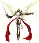  armor bandai digimon digimon_story:_cyber_sleuth duftmon fangs flying full_armor green_eyes monster no_humans official_art royal_knights simple_background solo sword weapon wings yasuda_suzuhito 