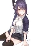  1girl akaitera black_legwear blush eyepatch headgear kantai_collection looking_away open_collar purple_hair school_uniform short_hair sitting solo tenryuu_(kantai_collection) thigh-highs tight_top yellow_eyes 