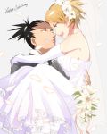  1boy 1girl bare_shoulders black_hair blonde_hair bridal_veil carrying couple dress elbow_gloves flower gloves green_eyes hair_flower hair_ornament hetero long_hair nara_shikamaru naruto naruto_shippuuden petals ponytail princess_carry rina_(13135785) smile temari veil wedding_dress 