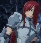  1girl armor brown_eyes erza_scarlet fairy_tail female hair_over_one_eye long_hair redhead solo 