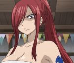  1girl breasts brown_eyes cleavage erza_scarlet fairy_tail female hair_over_one_eye large_breasts long_hair ponytail redhead solo tattoo 