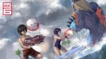  1girl 2boys ball baymax beach beachball big_hero_6 black_hair blue_sky clouds costume disney flower flower_necklace fred_(big_hero_6) gogo_tomago hiro_hamada jewelry logo ly_hao_nguyen marvel multiple_boys necklace palm_tree robot short_hair sky swimsuit tree water water_gun 