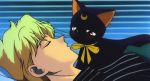  1boy 1girl 90s animated animated_gif bishoujo_senshi_sailor_moon blonde_hair blush brown_eyes cat kakeru_(sailor_moon) kiss luna_(sailor_moon) 