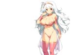 1girl adjusting_hair bare_shoulders blush breasts cleavage evenicle female game_cg hairband large_breasts legs long_hair looking_at_viewer navel pink_legwear red_eyes serious simple_background solo standing thighs thong white_hair yaegashi_nan 
