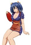  00s 1girl bashoku_youjou blue_hair blush breasts cleavage female hair_ribbon ikkitousen large_breasts looking_at_viewer ribbon short_twintails sitting smile solo twintails violet_eyes 