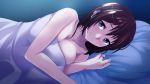  1girl bed blush breasts brown_hair cleavage female game_cg jewelry large_breasts long_hair looking_at_viewer lying nude on_side pillow ring smile solo tomohiro_kai ubai_again:_hito_no_onna,_mata_urimasu under_covers violet_eyes 