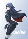  1girl ass blue_hair boots cape female fire_emblem fire_emblem:_kakusei lucina smile solo 