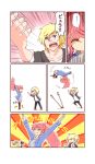  1boy 1girl blonde_hair blue_eyes comic dinosaur green_eyes jaune_arc long_hair meteoride ponytail pyrrha_nikos redhead rwby rwbysaurus short_hair stilts thigh-highs translation_request 