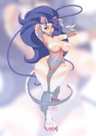  1girl animal_ears armpits arms_up big_hair blue_hair breasts cat_ears cat_girl cat_paws cat_tail claws fangs felicia female full_body fur highres large_breasts looking_at_viewer navel paws slit_pupils solo tail thigh_gap tovio_rogers vampire_(game) wide_hips 