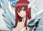  1girl armor blush breasts brown_eyes erza_scarlet fairy_tail female hair_over_one_eye large_breasts long_hair ponytail redhead solo tattoo wings 