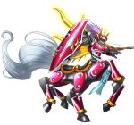  armor bandai bow_(weapon) crossbow digimon digimon_story:_cyber_sleuth full_armor gauntlets horns loincloth monster multiple_legs no_humans official_art purple_hair royal_knights shield simple_background sleipmon solo tail violet_eyes weapon white_background yasuda_suzuhito 