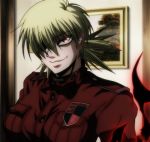 1girl aura blonde_hair breasts female hair_over_one_eye hellsing indoors large_breasts military military_uniform red_eyes screencap seras_victoria short_hair smile solo stitched uniform vampire 