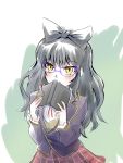  1girl black_hair blake_belladonna book bow female glasses iesupa looking_at_viewer ribbon rwby school_uniform skirt solo yellow_eyes 