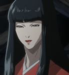  1girl black_hair grey_eyes japanese_clothes kimono kuromitsu kurozuka lipstick long_hair red_lipstick screencap solo vampire 