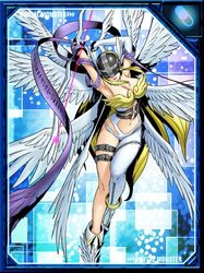  1girl angel_wings angewomon asymmetrical_clothes bandai belt blonde_hair breasts card_game cleavage digimon digimon_crusader female flying gloves head_wings helmet lips long_hair lowres multiple_wings official_art ribbon smile wings 