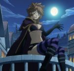  1girl animal_ears breasts brown_hair cape cat_ears clouds fairy_tail millianna moon navel night screencap sitting solo stitched 