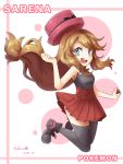  10s blonde_hair blush breasts hat long_hair low-tied_long_hair nintendo pleated_skirt poke_ball pokemon pokemon_(anime) pokemon_(game) pokemon_xy serena_(pokemon) shoes skirt small_breasts sneakers thigh-highs tied_hair zettai_ryouiki 
