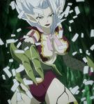 1girl blue_eyes breasts claws cleavage crack demon demon_girl demon_tail elf fairy_tail female highres large_breasts lips lipstick long_hair makeup midriff mirajane_strauss pointy_ears red_lipstick ribbon scales scarf screencap silver_hair solo stitched tail thigh-highs white_hair 