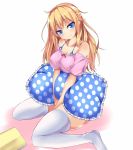  1girl blonde_hair blue_eyes blush breasts cleavage feet female long_hair looking_at_viewer no_shoes original pillow sitting smile solo thigh-highs white_legwear yahiro_(anhnw) 