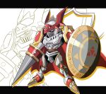  armor cape chibi digimon dukemon full_armor knight monster polearm royal_knights shield spear weapon 