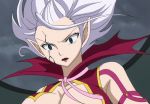  1girl blue_eyes breasts cleavage crack demon demon_girl elf fairy_tail female large_breasts lips lipstick long_hair makeup mirajane_strauss pointy_ears red_lipstick ribbon scarf silver_hair solo stitched white_hair wide-eyed wings 