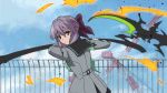  1boy 1girl animated animated_gif brown_eyes hair_ribbon lowres owari_no_seraph purple_hair ribbon school_uniform sword weapon 