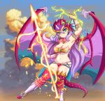  1girl arm_up armpits breasts cleavage dragon_girl green_eyes lavender_hair long_hair looking_at_viewer mylifekei navel solo spear 
