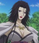  1girl black_hair brave_10 breasts corset female kaiyo_(brave_10) large_breasts lipstick long_hair red_lipstick screencap solo violet_eyes 