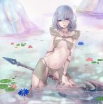  1girl artist_request breasts cleavage final_fantasy final_fantasy_xiv halberd hood hyur lavender_eyes navel partially_submerged polearm pond revealing_clothes silver_hair small_breasts solo water weapon wet wet_hair 