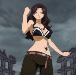  1girl belt breasts brown_hair cana_alberona fairy_tail female large_breasts long_hair navel screencap solo standing stitched tattoo under_boob 