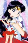  bishoujo_senshi_sailor_moon bow crown elbow_gloves hino_rei looking_at_viewer looking_from_behind multiple_girls necktie open_mouth purple_hair sailor_guardian sailor_mars skirt tagme violet_eyes 