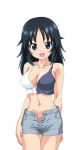  1girl artist_request bare_shoulders black_hair blue_eyes blush breasts character_request cleavage copyright_request denim jeans long_hair looking_at_viewer midriff navel open_fly open_mouth pants smile solo tagme 