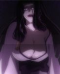  1girl black_hair brave_10 breasts cleavage corset female highres kaiyo_(brave_10) large_breasts lipstick long_hair okatsu red_lipstick screencap solo stitched violet_eyes 