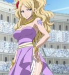  1girl bare_shoulders blonde_hair blue_eyes breasts cleavage earrings fairy_tail flower hair_flower hair_ornament jenny_realight jewelry large_breasts long_hair necklace screencap standing stitched tattoo 
