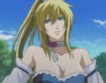  1girl anastasia_(brave_10) bare_shoulders blonde_hair blue_eyes brave_10 breasts cleavage corset female large_breasts long_hair ponytail screencap solo 