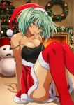  00s 1girl bare_shoulders blush breasts christmas cleavage female green_eyes green_hair ikkitousen large_breasts looking_at_viewer official_art ryofu_housen sitting smile solo twintails 