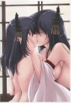  2girls akatsuki_(ownpace) bare_shoulders black_hair breasts closed_eyes fusou_(kantai_collection) japanese_clothes kantai_collection kimono kiss large_breasts long_hair multiple_girls red_eyes yamashiro_(kantai_collection) yuri 