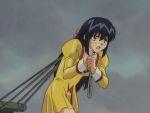  1girl 90s agent_aika animated animated_gif black_hair breasts cleavage_cutout delmo female gold_delmo golden_delmo latex long_hair petoriyacowa_rie rope shiny walking 