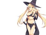  1girl blonde_hair blush breasts cleavage evenicle female game_cg green_eyes hat large_breasts legs long_hair looking_at_viewer mound_of_venus navel simple_background smile solo standing thighs tied_hair twintails witch_hat yaegashi_nan 