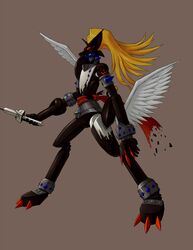  armor bandai digimon duftmon full_armor full_body horns kazkazkaz monster no_humans royal_knights simple_background solo sword weapon wings 