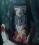  1girl black_hair blood grey_eyes japanese_clothes kimono kuromitsu kurozuka lipstick long_hair red_lipstick screencap solo vampire 