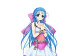  1girl blue_eyes blue_hair breasts cleavage collarbone dragon_quest dragon_quest_v dress earrings female flora hair_ribbon jewelry kumatora_tatsumi large_breasts legs long_hair looking_at_viewer ribbon simple_background smile solo standing thighs white_background 