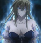  1girl anastasia_(brave_10) bare_shoulders blonde_hair blue_eyes brave_10 breasts cleavage corset female highres large_breasts long_hair ponytail screencap solo stitched upper_body 
