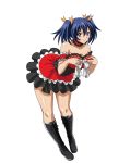  00s 1girl bare_shoulders bashoku_youjou blue_hair boots bow breasts cleavage collarbone dress female frilled_dress frills hair_ornament hair_ribbon highres ikkitousen large_breasts leaning_forward legs looking_at_viewer orange_ribbon ribbon shiny shiny_skin short_twintails simple_background smile solo strapless strapless_dress twintails violet_eyes white_background white_bow 